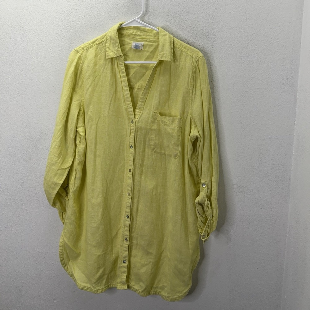 Sigrid Olsen 100% Linen Tunic Top Roll Tab Sleeve Beach Coastal Sz L Yellow